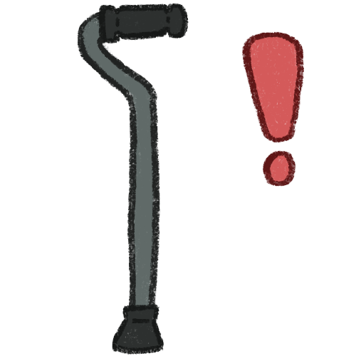 A grey offset handle cane with a red exclamation mark next to it.